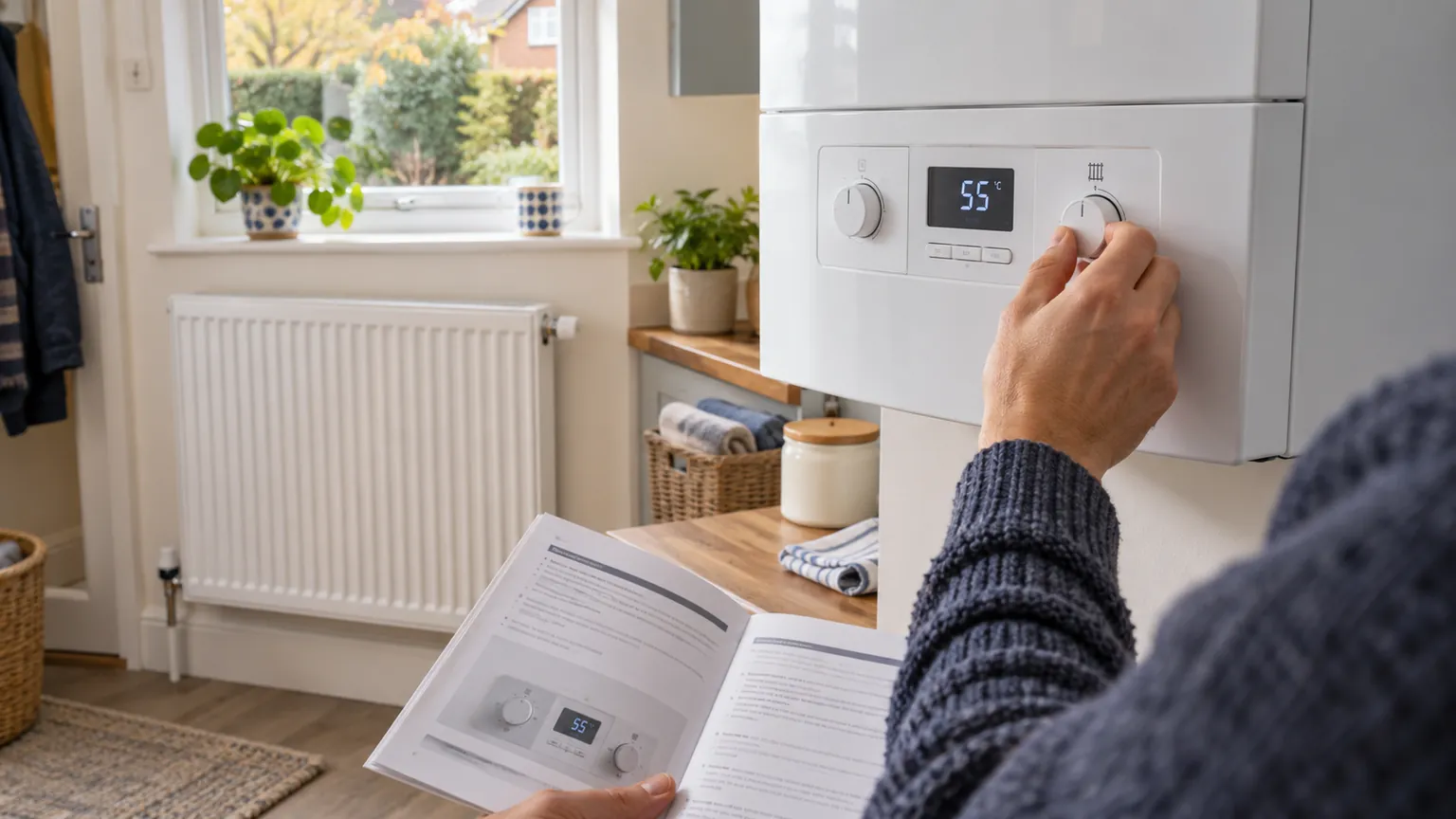 A householder adjusting the radiator flow temperature on a modern combi boiler