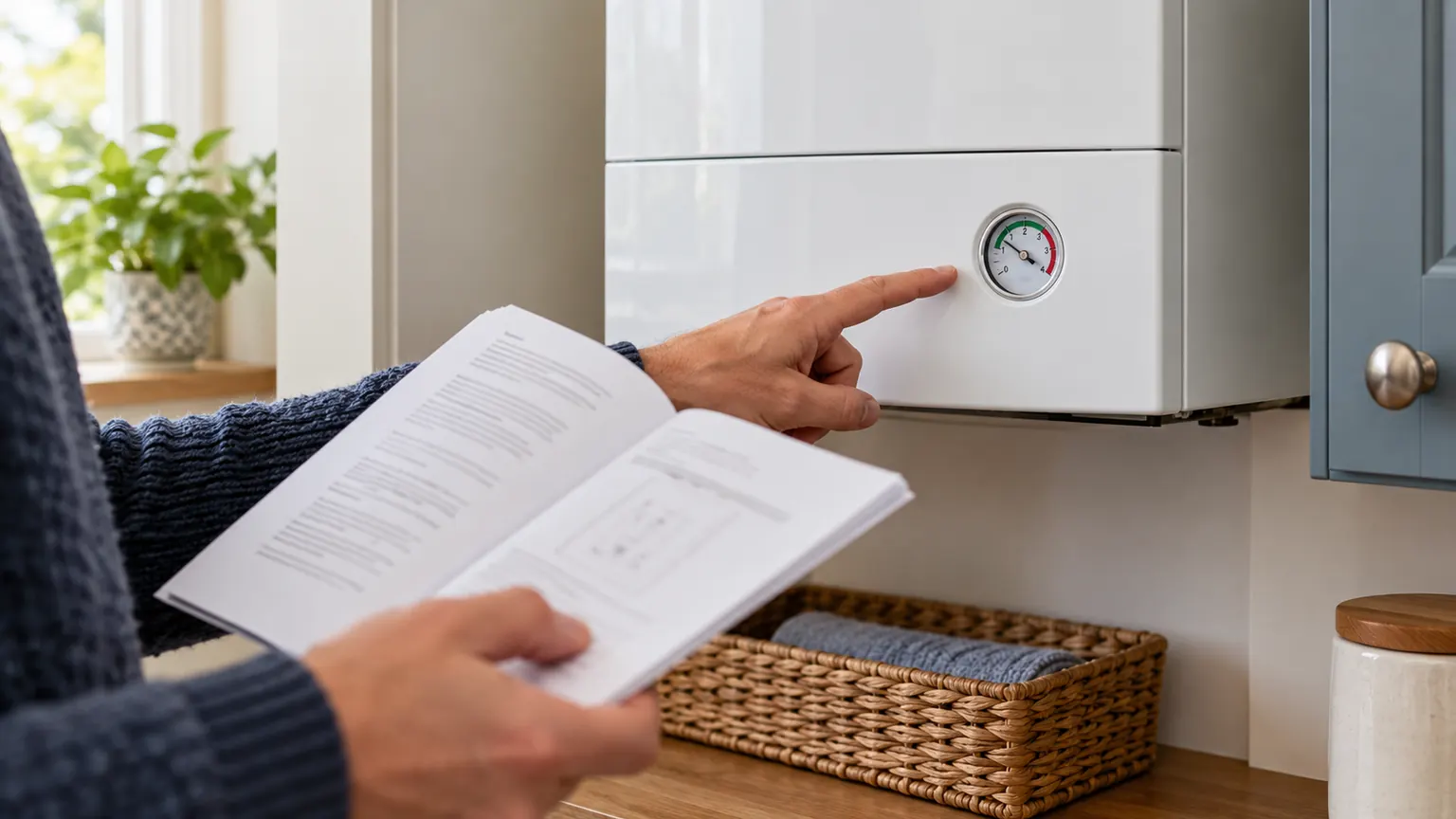 A householder checking the pressure gauge on a closed wall-mounted boiler while reading its manual