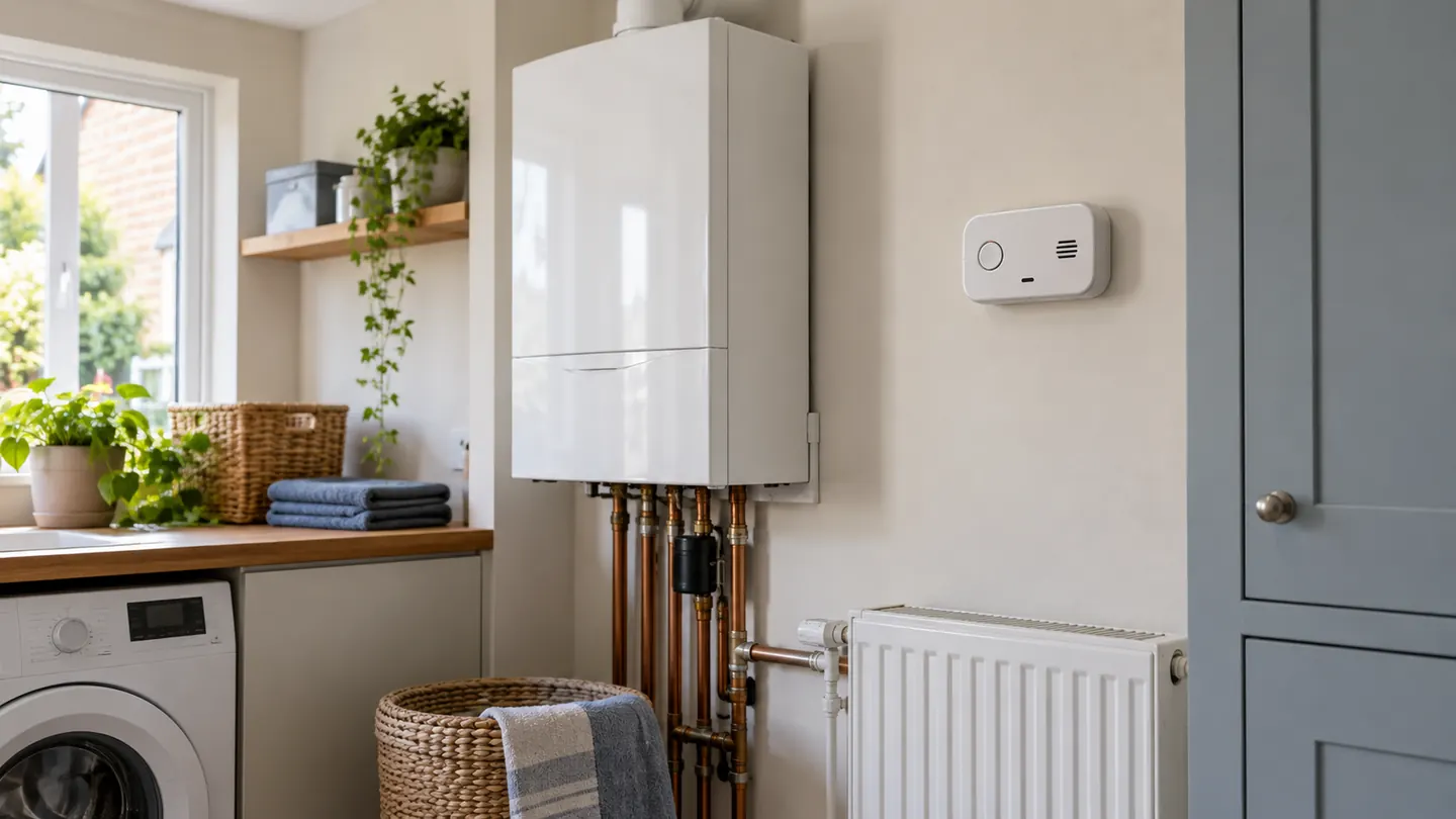 A carbon monoxide alarm mounted on a wall near a domestic gas boiler in a bright British utility room