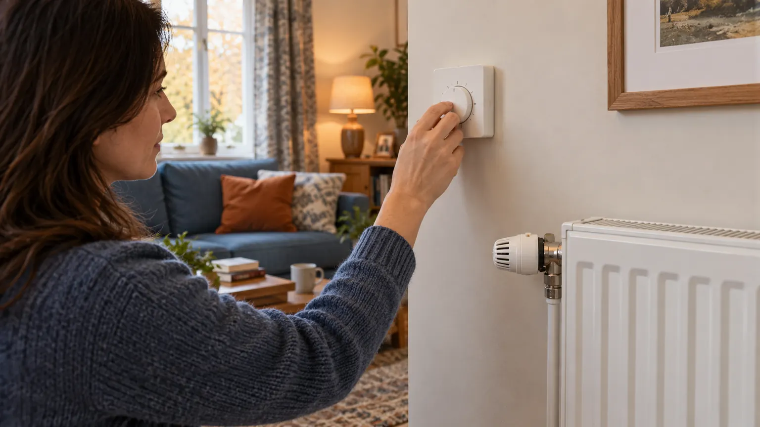 A householder adjusting a room thermostat beside a radiator with a thermostatic valve