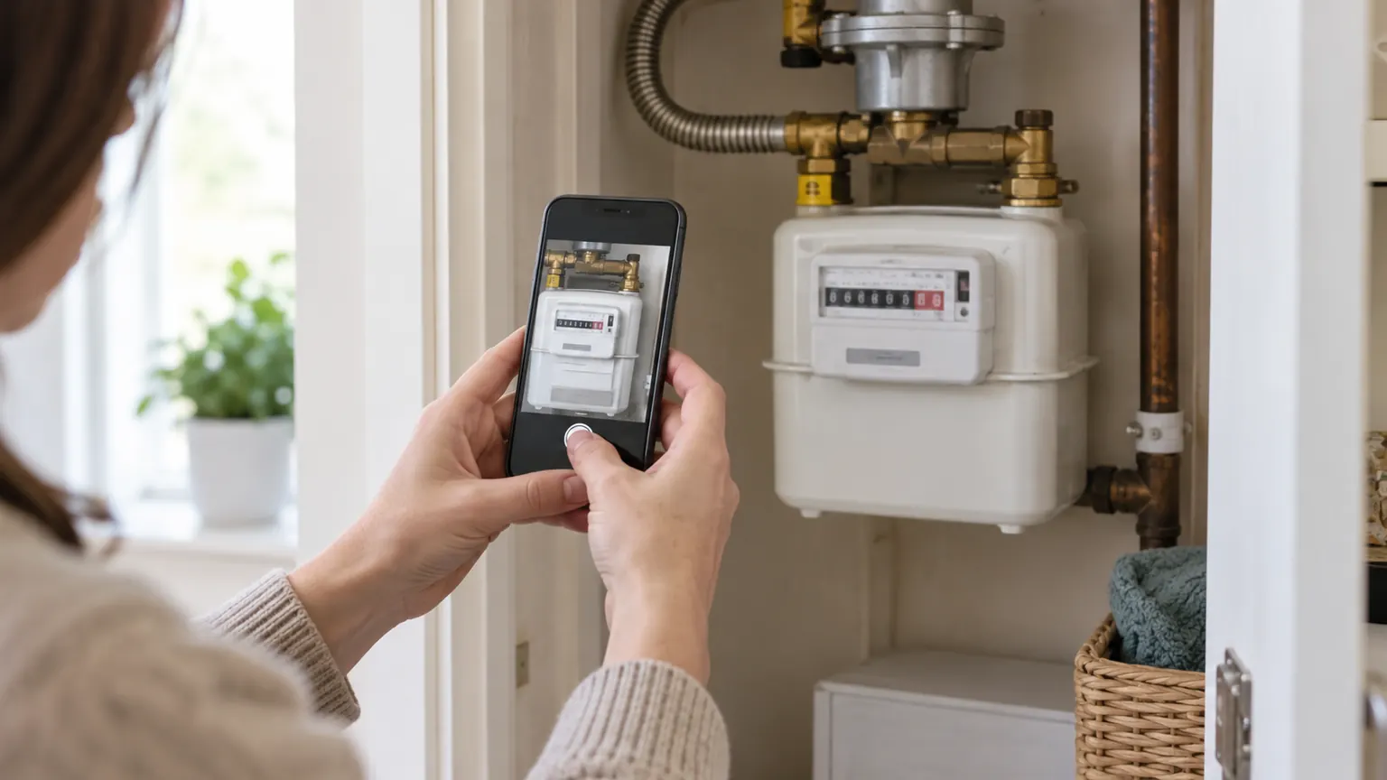 A householder photographing a domestic gas meter reading and serial number for their records
