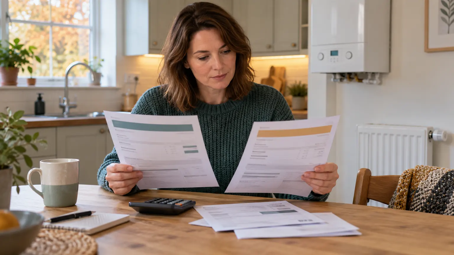 A householder comparing two energy tariff sheets with a calculator at a kitchen table