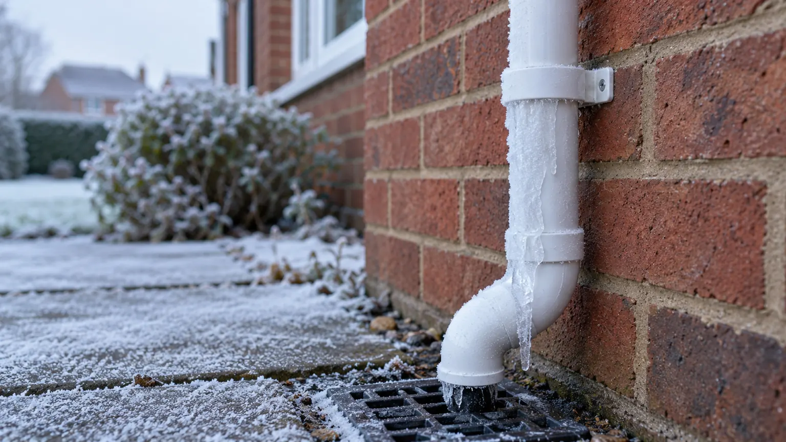 A frost-covered white boiler condensate pipe running down a brick wall into an outdoor drain