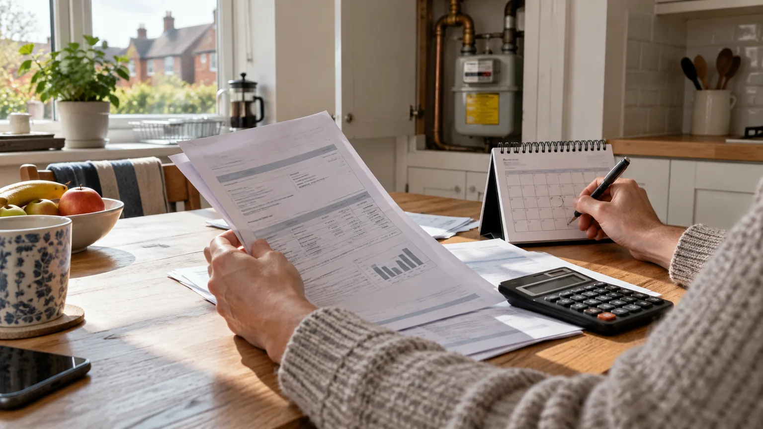 A household reviewing gas bills beside a calendar and calculator