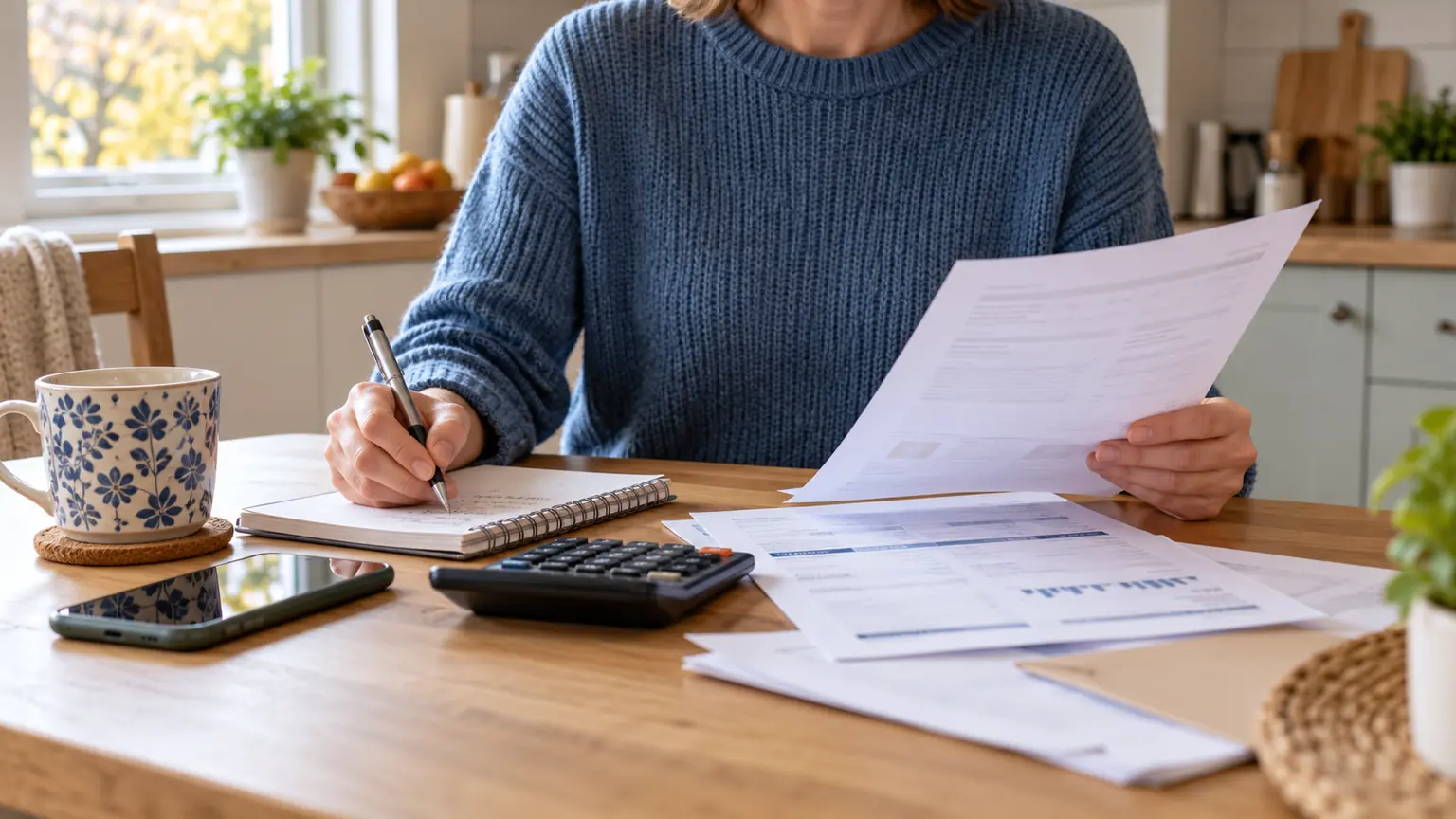 A householder organising gas bills, notes and a calculator before making a complaint