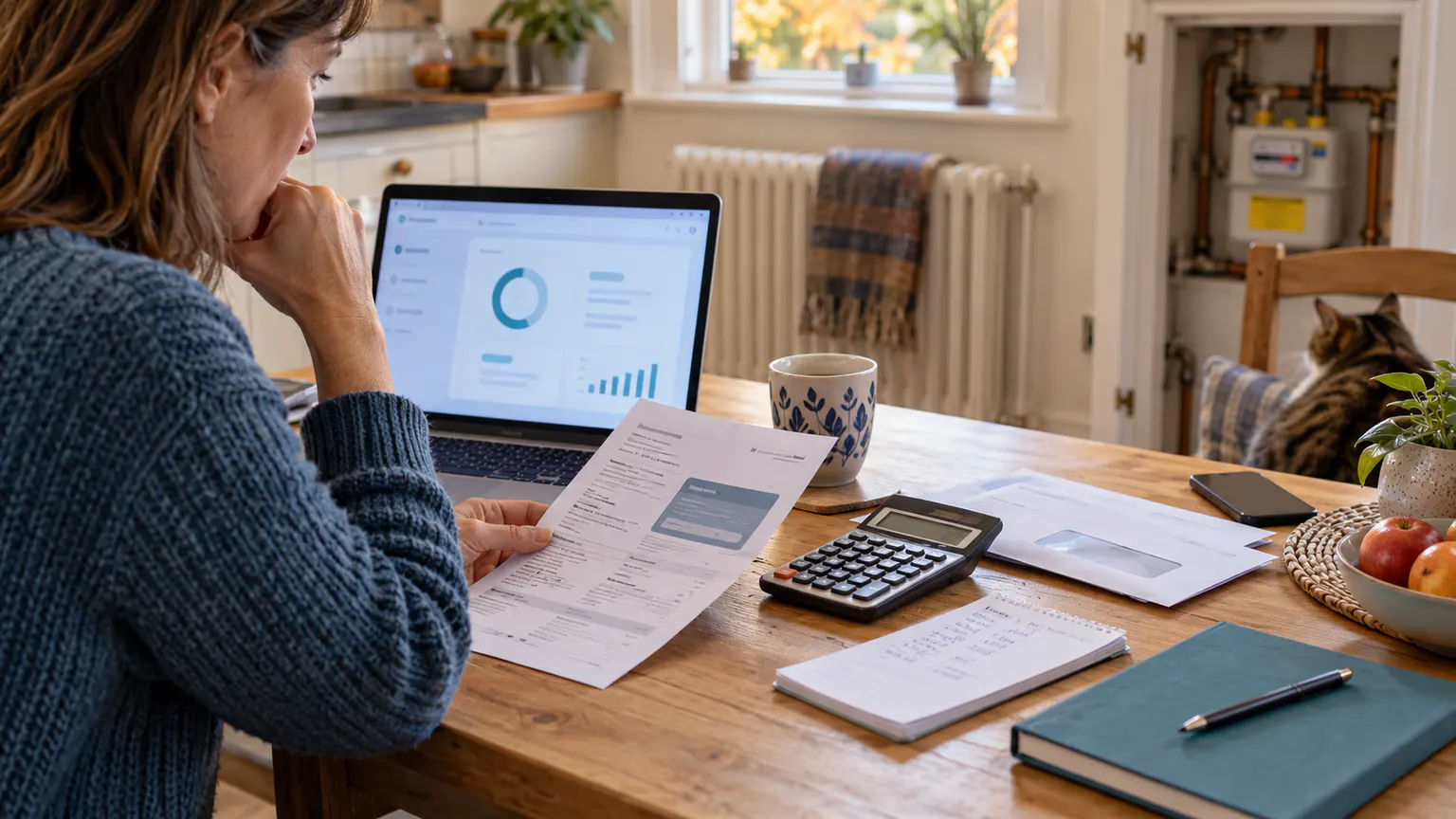 A householder reviewing an energy account with a calculator, gas bill and meter-reading notes at a kitchen table