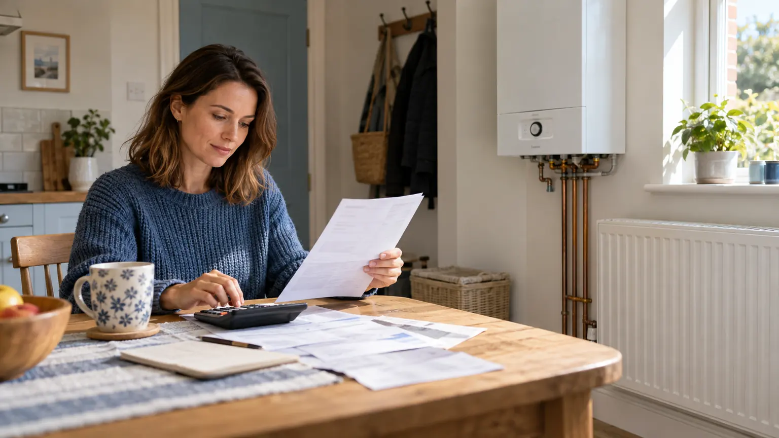 A household checking an energy bill beside a gas boiler and radiator