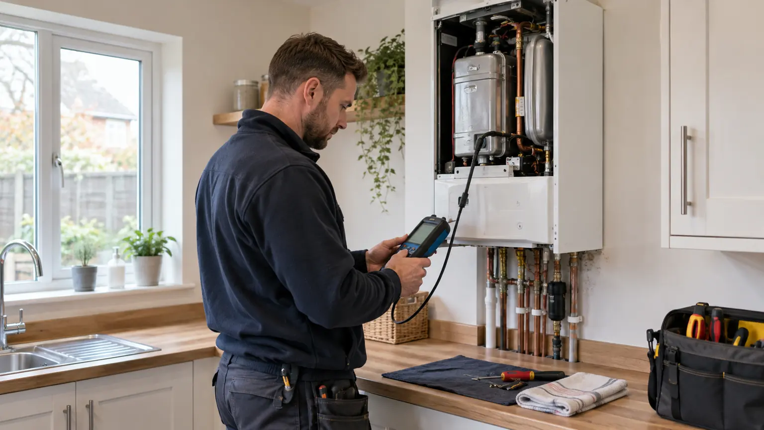 A heating engineer using diagnostic equipment while servicing a wall-mounted gas boiler in a home