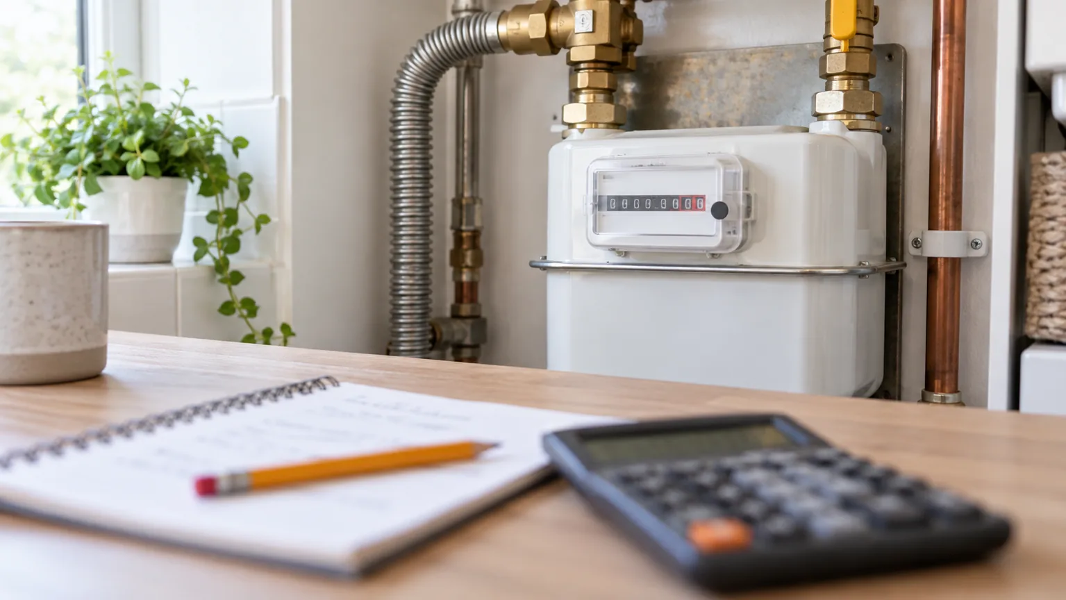 A domestic gas meter beside a notebook and calculator
