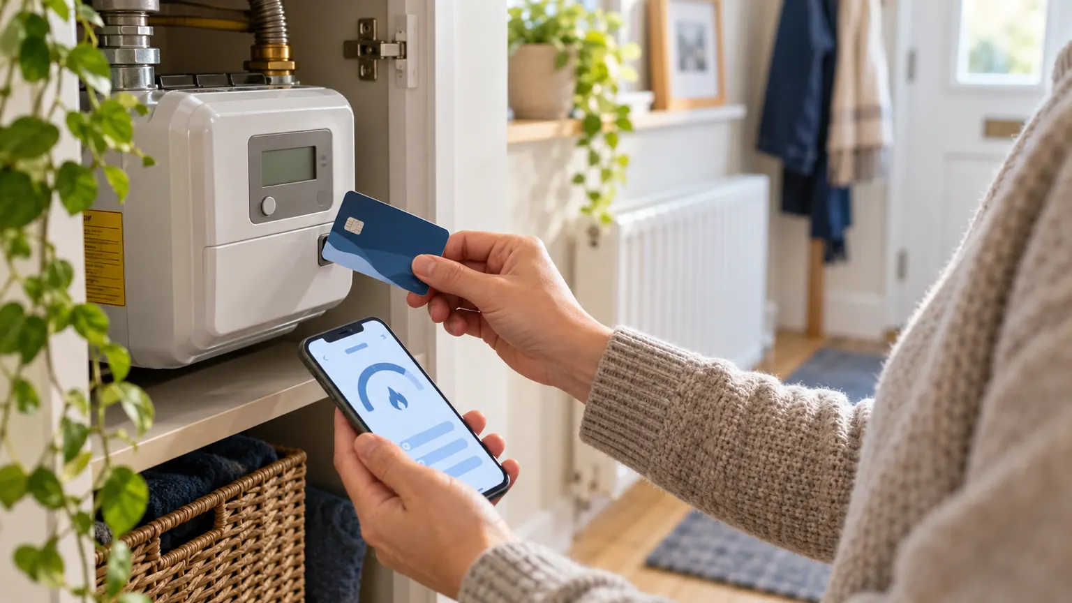 A householder checking a gas prepayment meter with a top-up card and phone