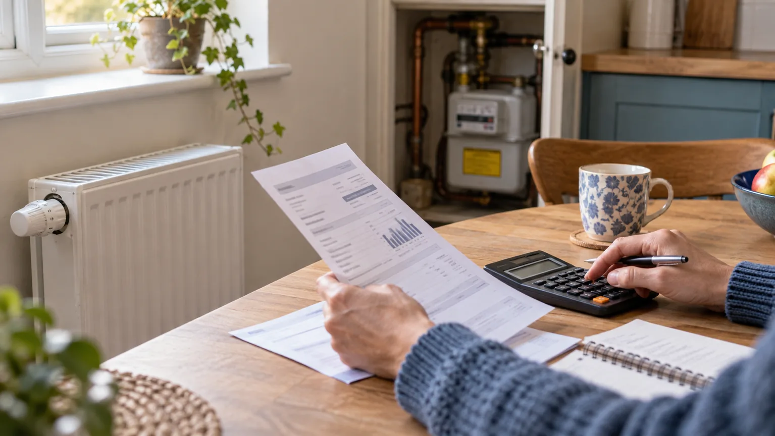 A household reviewing an energy bill with a calculator beside a radiator and gas meter