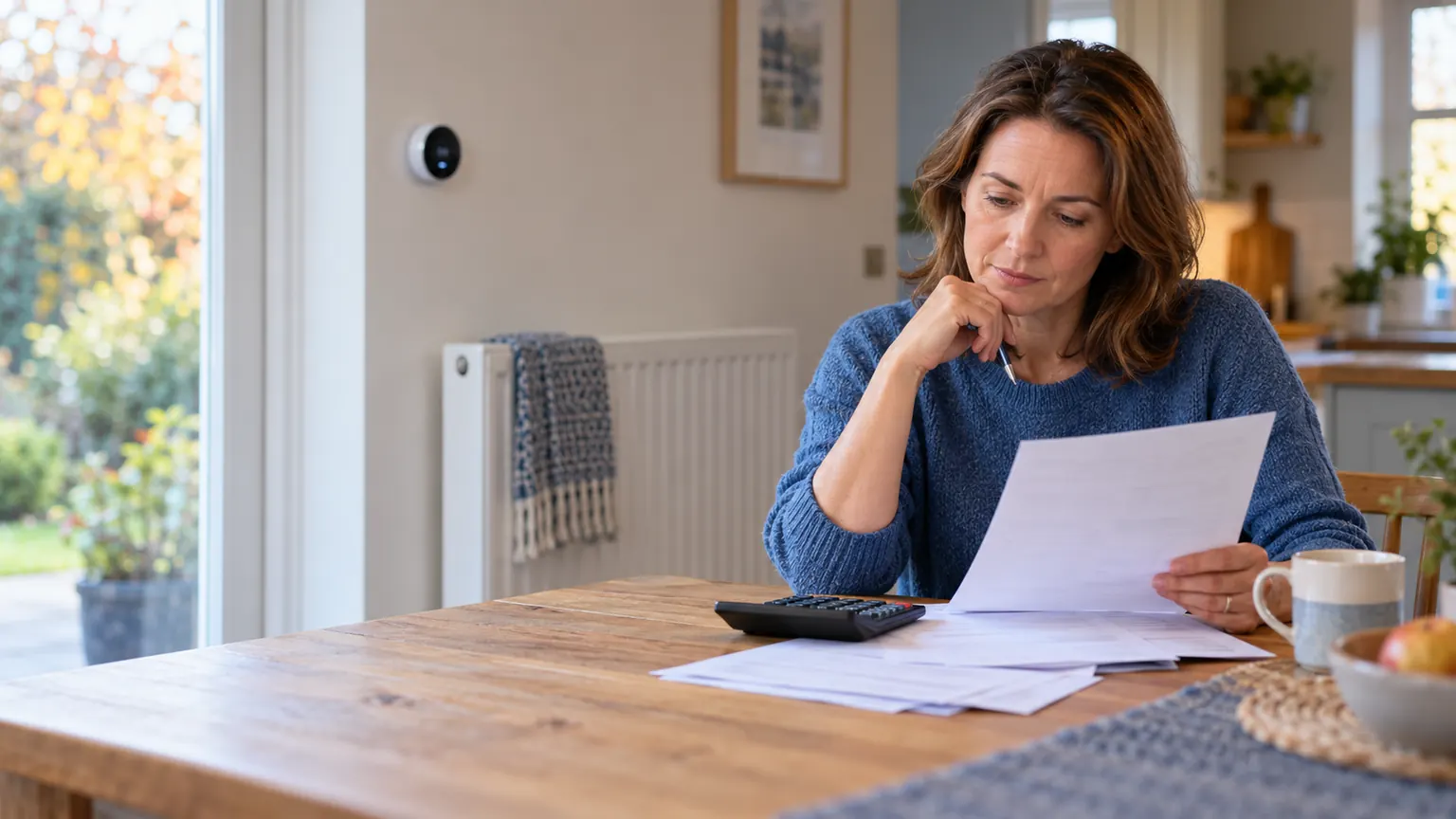 A householder comparing a gas bill with a calculator at a kitchen table beside a radiator