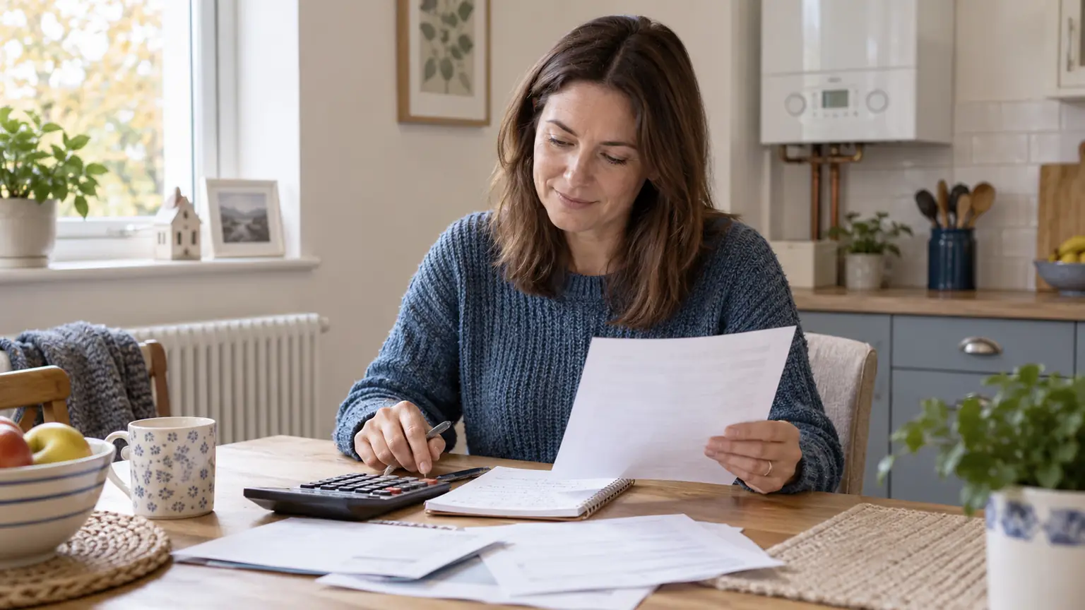 A householder reviewing an energy bill with a calculator and notebook at a kitchen table