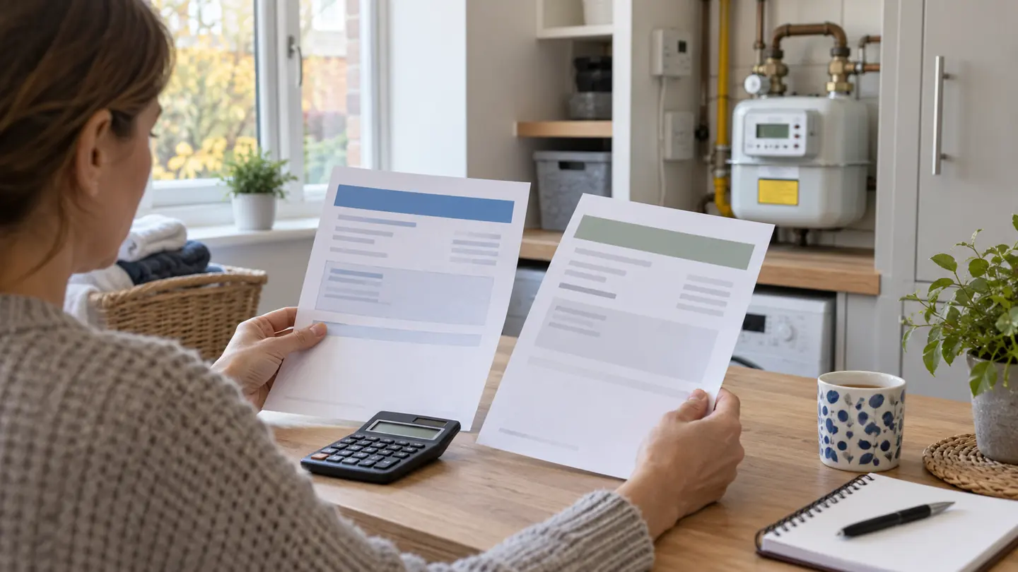 A householder comparing two energy tariff sheets with a calculator beside a domestic gas meter