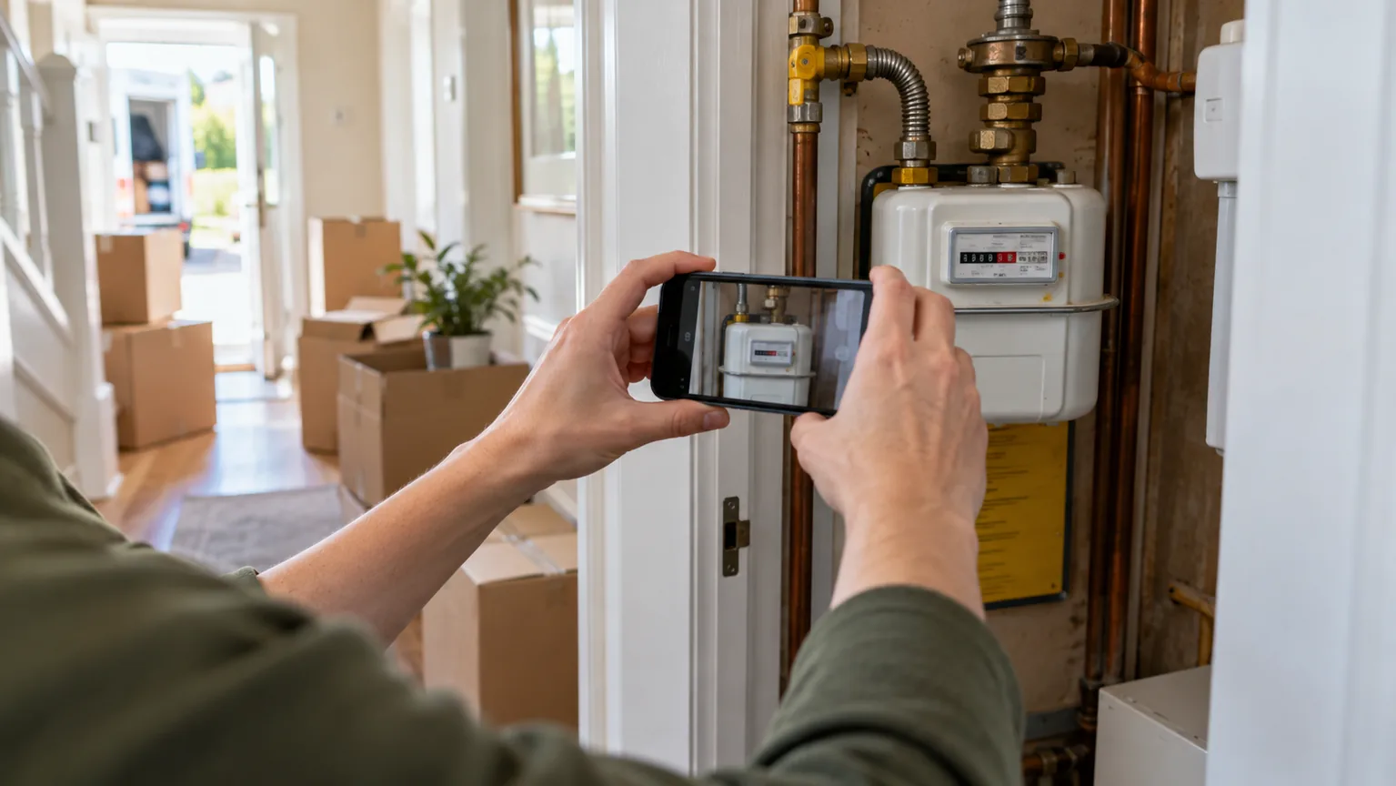 A person photographing a gas meter during a house move