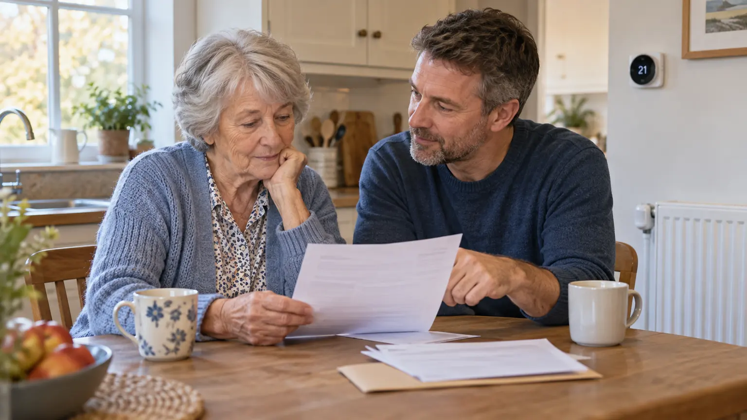 An older householder and a trusted family member reviewing an energy bill together at a kitchen table