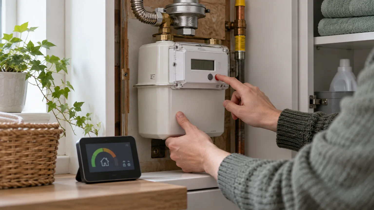 A person checking a smart gas meter beside an in-home energy display