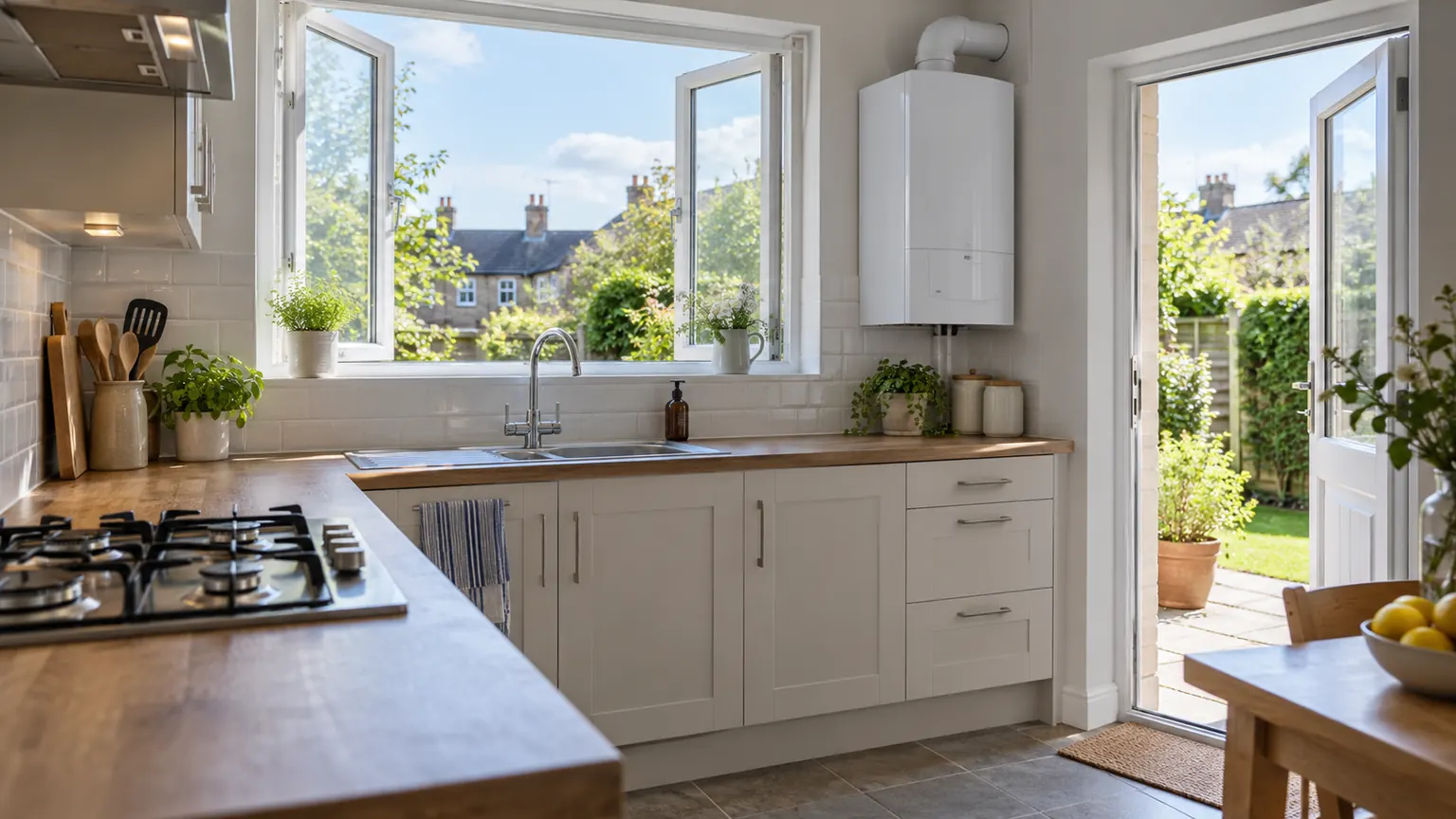 A ventilated British kitchen with open windows and door, an unlit gas hob and a wall-mounted boiler