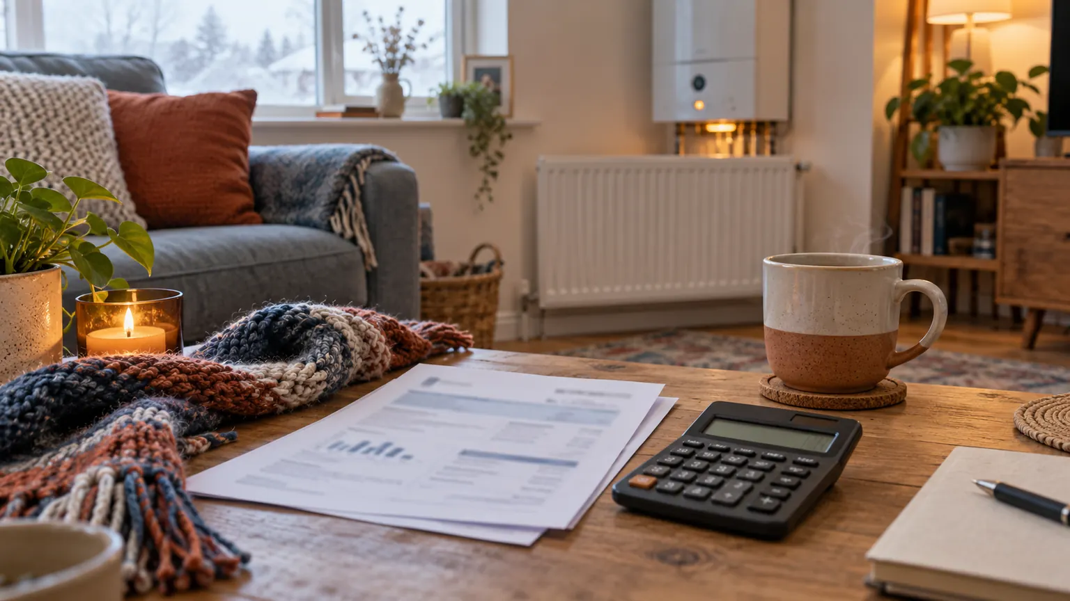 An energy bill and calculator in a warm living room with a radiator and boiler