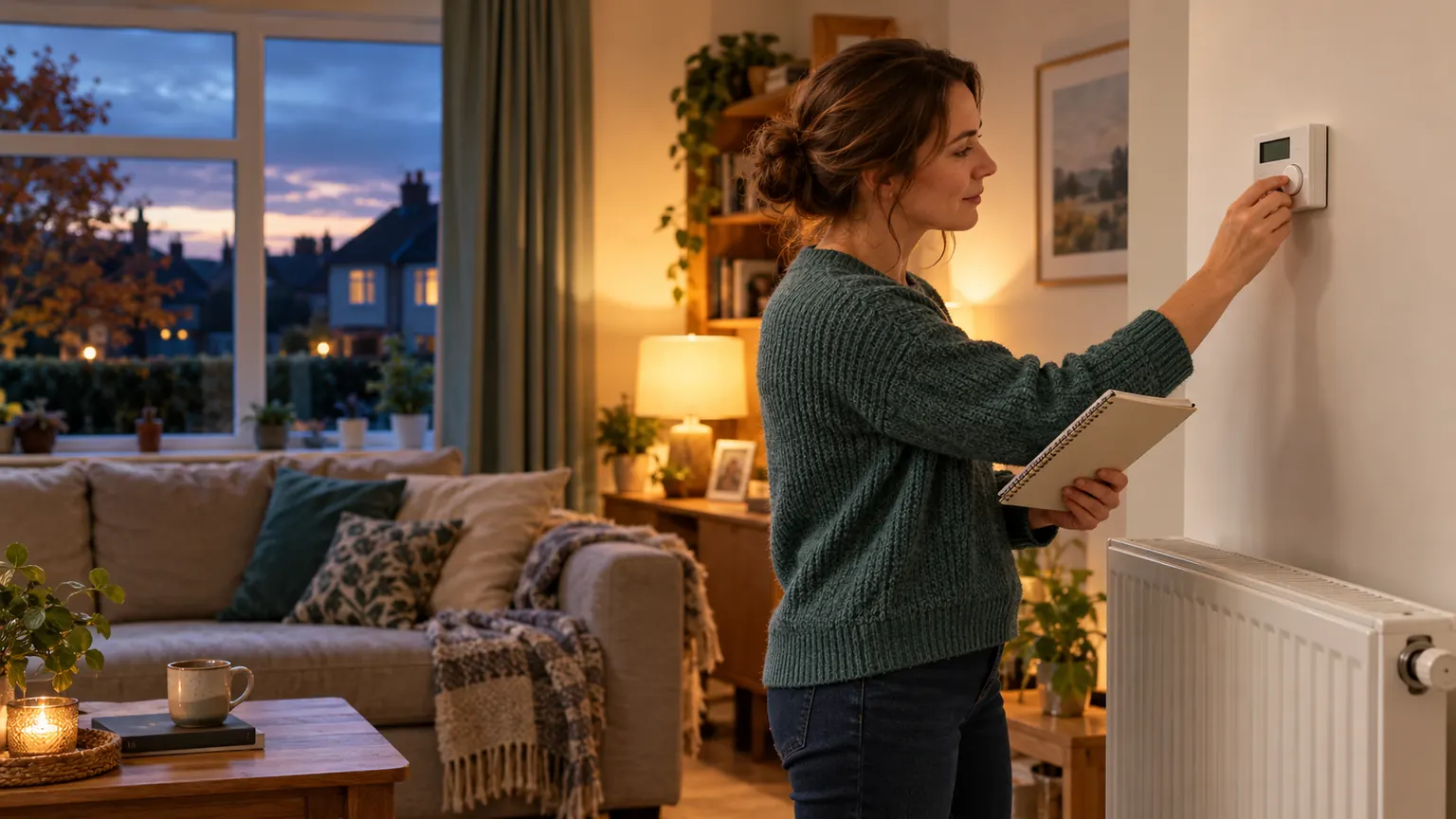 A householder adjusting a wall thermostat in a warm living room on a cool autumn evening