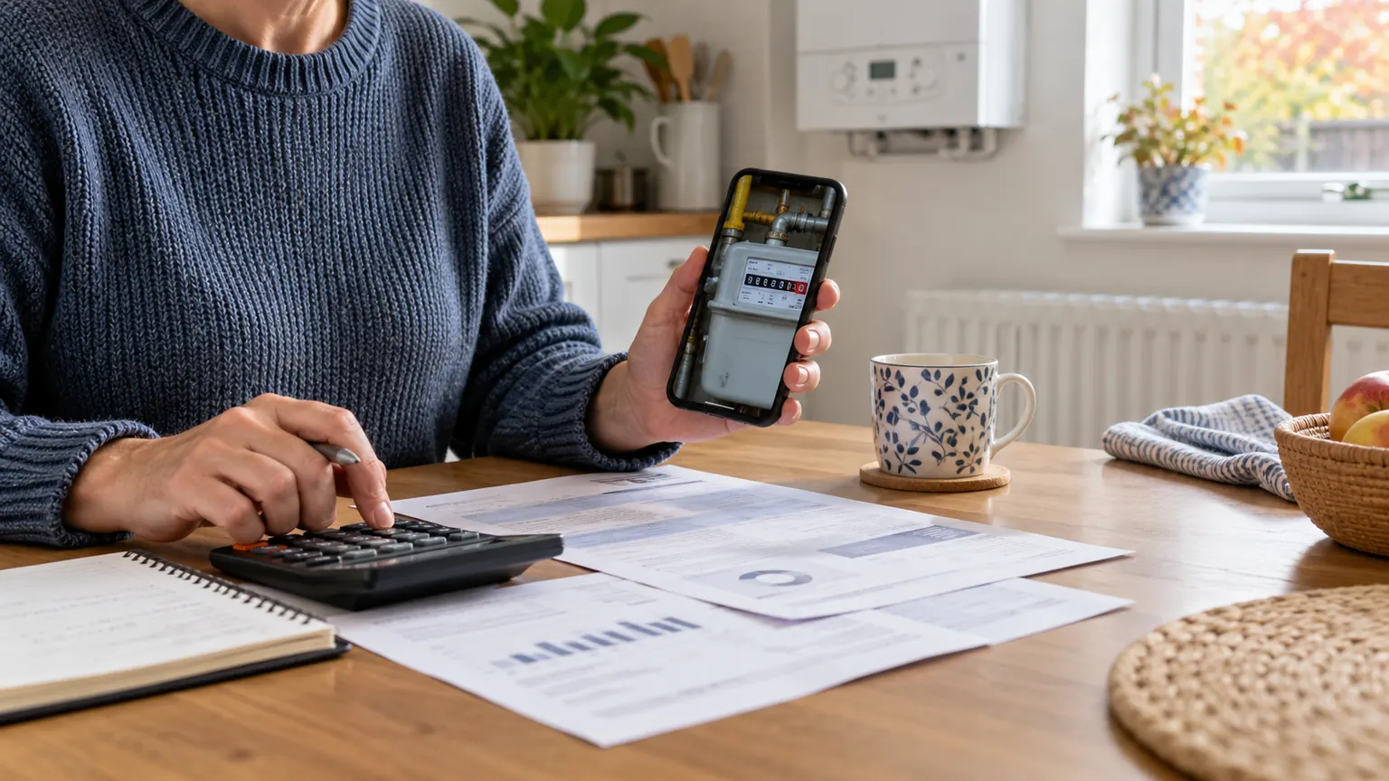 A householder checking a gas bill with a calculator and a photo of their meter reading